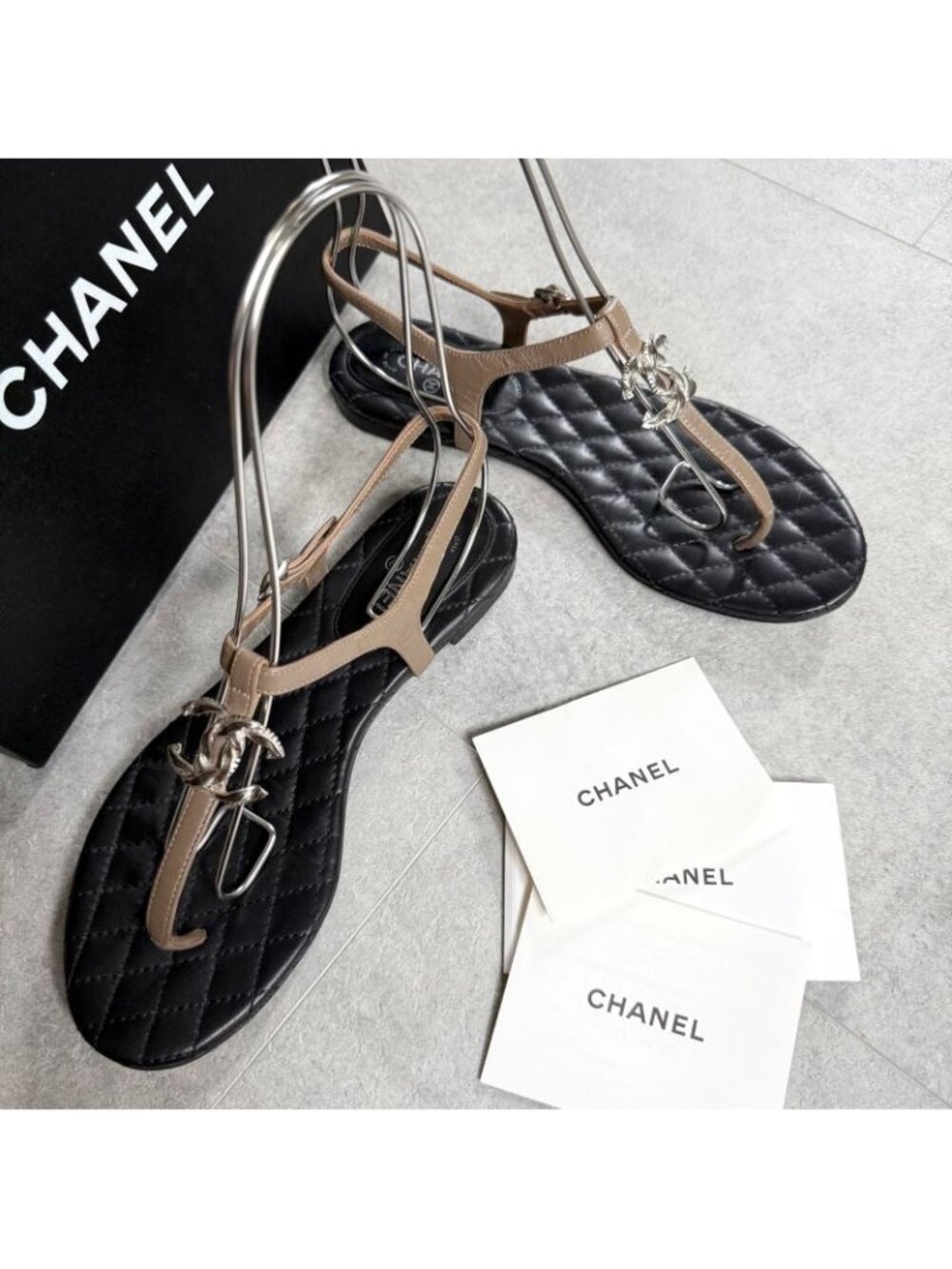 Chanel Thong Sandals Quilted Coco Mark Flat Shoes Black Beige Silver